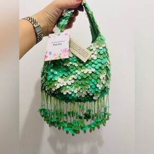 Viral Beaded Bag Made in India Green White Floral Hanging Flower Fringe